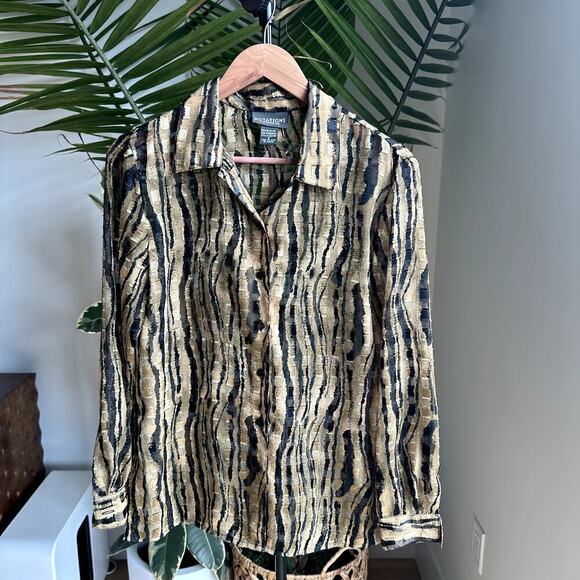 Notations Gold Black Zebra Sheer Blouse S Button Up Y2K Retro Statement - Picture 1 of 7